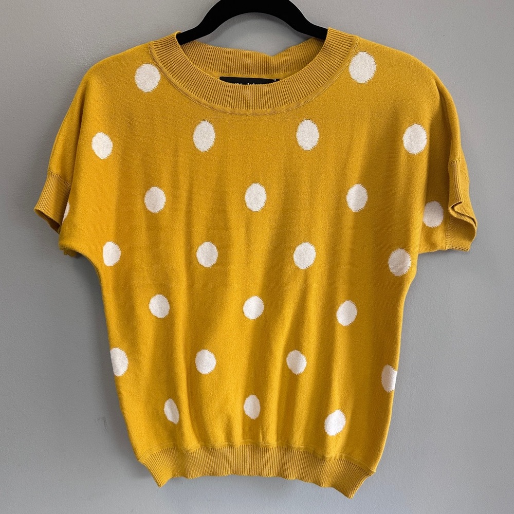 ModCloth Mustard Yellow Polka Dot Short Sleeve Sweater - Picture 3 of 12